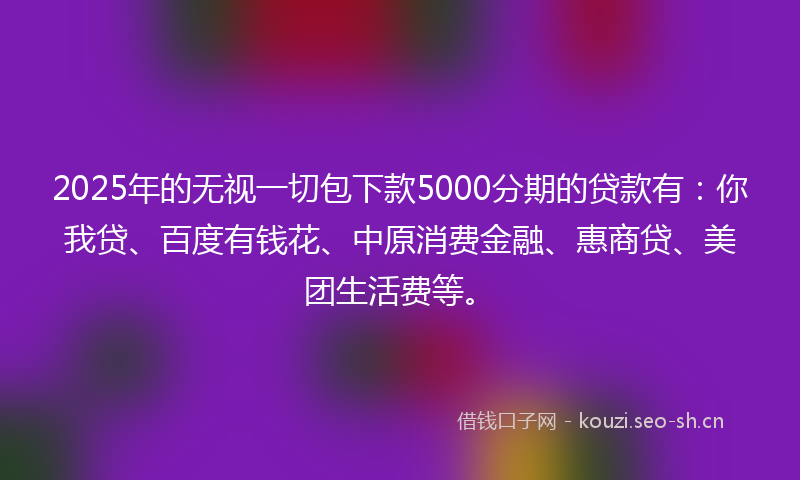 2025年的无视一切包下款5000分期的贷款有：你我贷、百度有钱花、中原消费金融、惠商贷、美团生活费等。