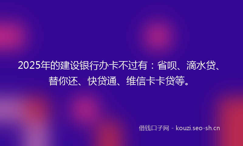 2025年的建设银行办卡不过有：省呗、滴水贷、替你还、快贷通、维信卡卡贷等。