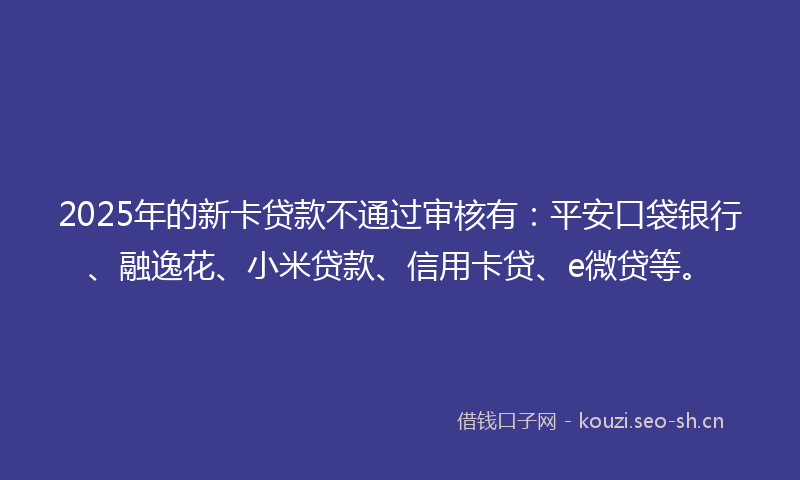 2025年的新卡贷款不通过审核有：平安口袋银行、融逸花、小米贷款、信用卡贷、e微贷等。