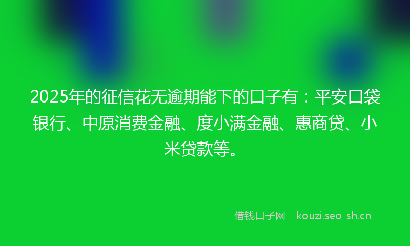 2025年的征信花无逾期能下的口子有：平安口袋银行、中原消费金融、度小满金融、惠商贷、小米贷款等。