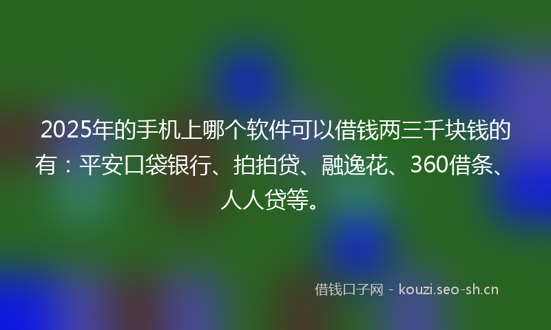 2025年的手机上哪个软件可以借钱两三千块钱的有：平安口袋银行、拍拍贷、融逸花、360借条、人人贷等。