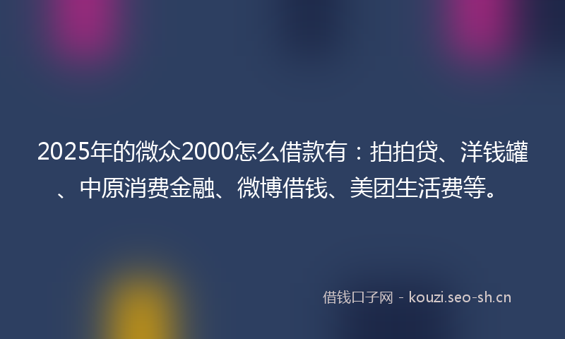 2025年的微众2000怎么借款有：拍拍贷、洋钱罐、中原消费金融、微博借钱、美团生活费等。