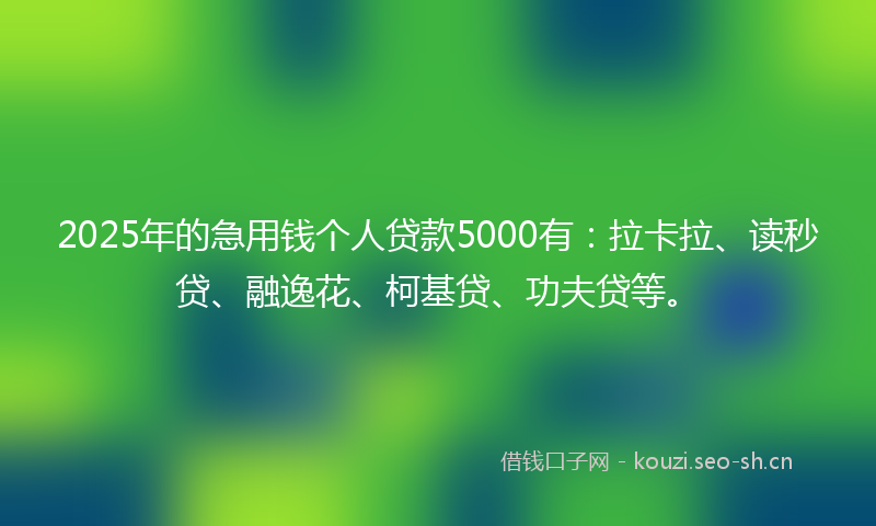 2025年的急用钱个人贷款5000有：拉卡拉、读秒贷、融逸花、柯基贷、功夫贷等。