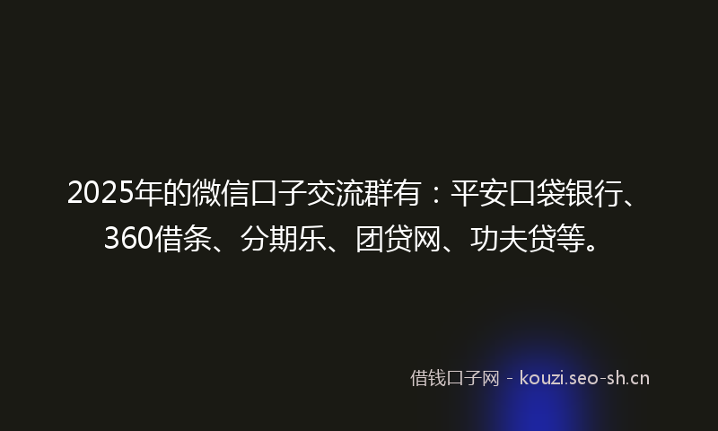 2025年的微信口子交流群有：平安口袋银行、360借条、分期乐、团贷网、功夫贷等。