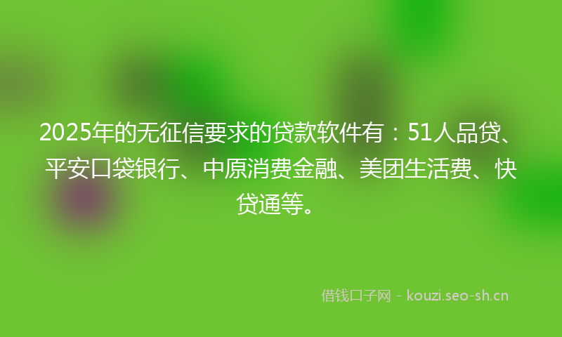 2025年的无征信要求的贷款软件有：51人品贷、平安口袋银行、中原消费金融、美团生活费、快贷通等。