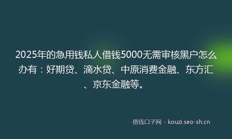 2025年的急用钱私人借钱5000无需审核黑户怎么办有：好期贷、滴水贷、中原消费金融、东方汇、京东金融等。