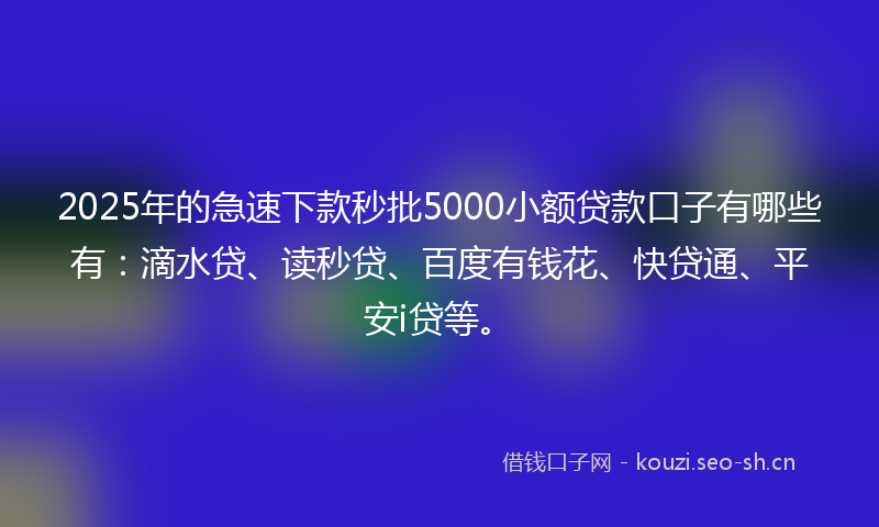 2025年的急速下款秒批5000小额贷款口子有哪些有：滴水贷、读秒贷、百度有钱花、快贷通、平安i贷等。