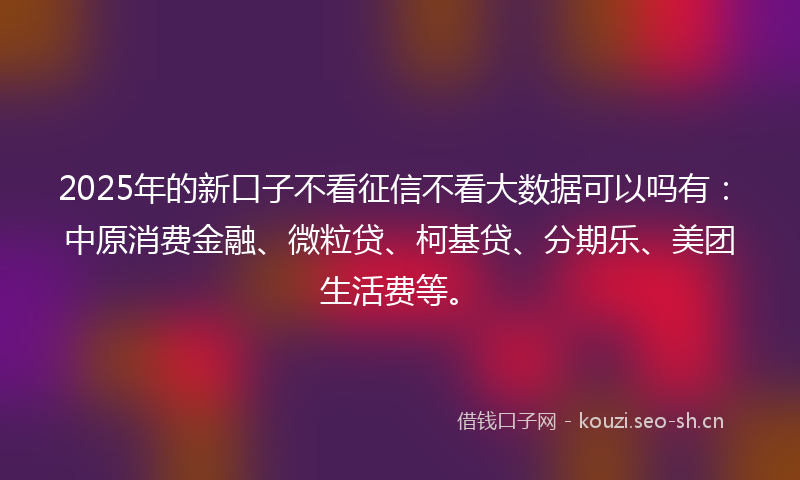 2025年的新口子不看征信不看大数据可以吗有：中原消费金融、微粒贷、柯基贷、分期乐、美团生活费等。