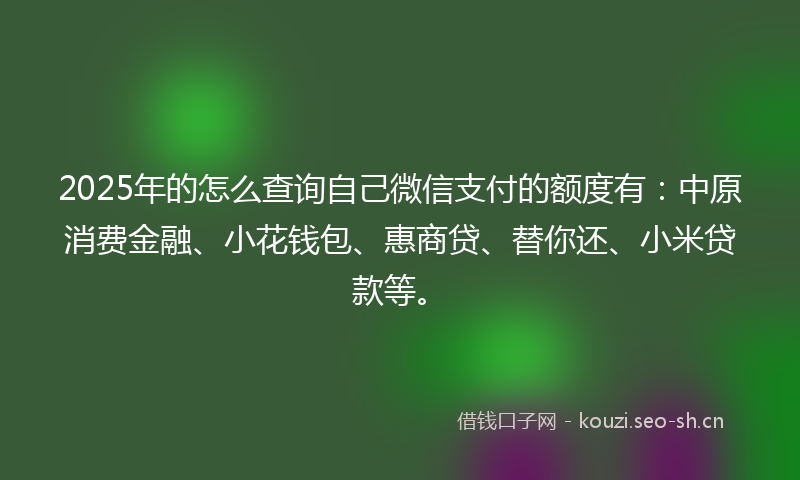 2025年的怎么查询自己微信支付的额度有：中原消费金融、小花钱包、惠商贷、替你还、小米贷款等。