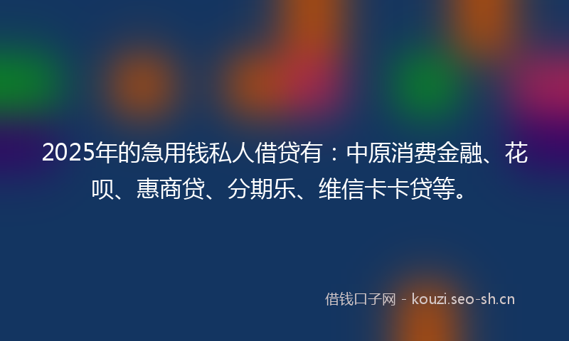 2025年的急用钱私人借贷有：中原消费金融、花呗、惠商贷、分期乐、维信卡卡贷等。