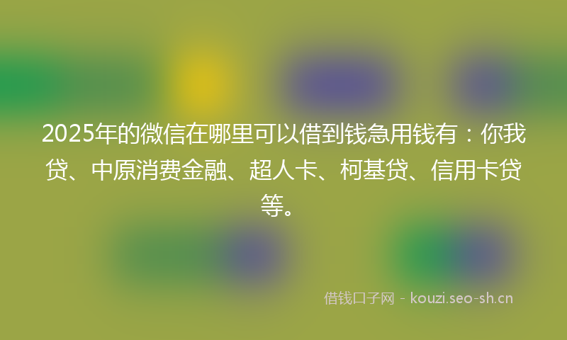2025年的微信在哪里可以借到钱急用钱有：你我贷、中原消费金融、超人卡、柯基贷、信用卡贷等。