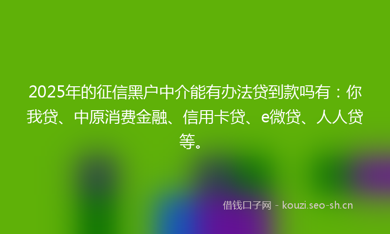 2025年的征信黑户中介能有办法贷到款吗有：你我贷、中原消费金融、信用卡贷、e微贷、人人贷等。