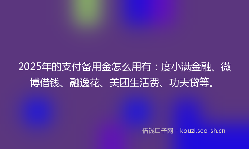 2025年的支付备用金怎么用有：度小满金融、微博借钱、融逸花、美团生活费、功夫贷等。