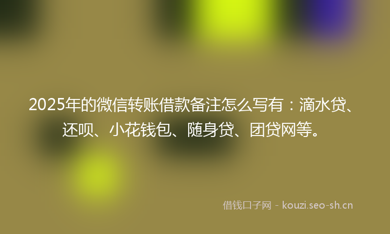 2025年的微信转账借款备注怎么写有：滴水贷、还呗、小花钱包、随身贷、团贷网等。