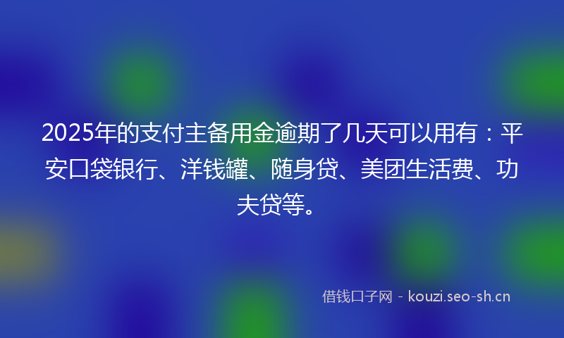 2025年的支付主备用金逾期了几天可以用有：平安口袋银行、洋钱罐、随身贷、美团生活费、功夫贷等。