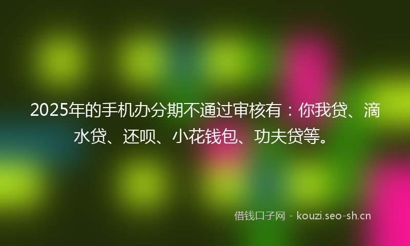 2025年的手机办分期不通过审核有：你我贷、滴水贷、还呗、小花钱包、功夫贷等。