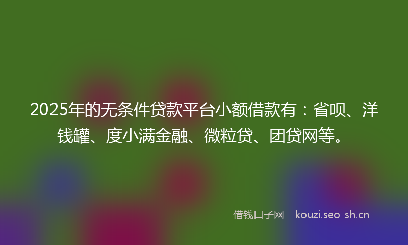 2025年的无条件贷款平台小额借款有：省呗、洋钱罐、度小满金融、微粒贷、团贷网等。
