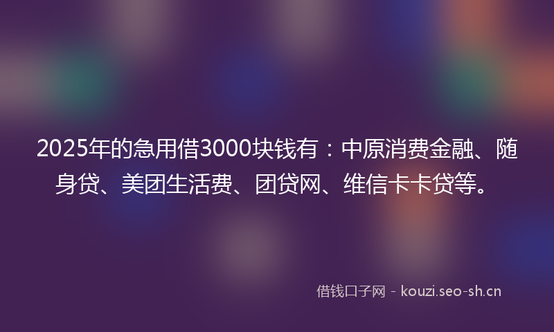 2025年的急用借3000块钱有：中原消费金融、随身贷、美团生活费、团贷网、维信卡卡贷等。