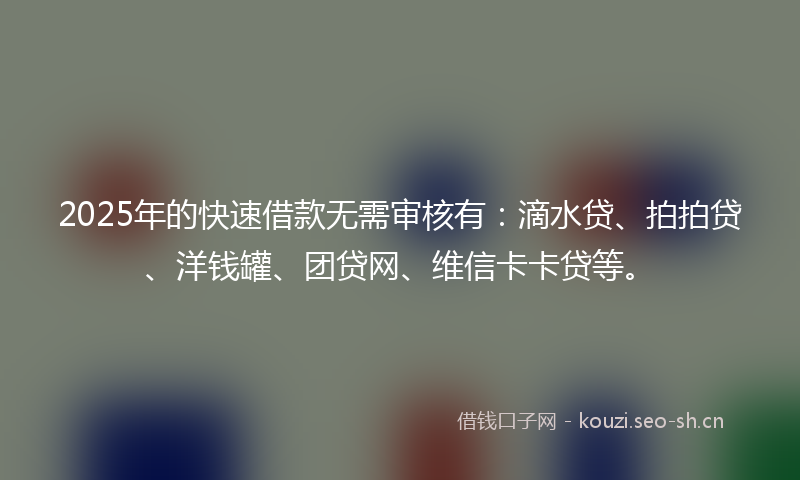 2025年的快速借款无需审核有：滴水贷、拍拍贷、洋钱罐、团贷网、维信卡卡贷等。
