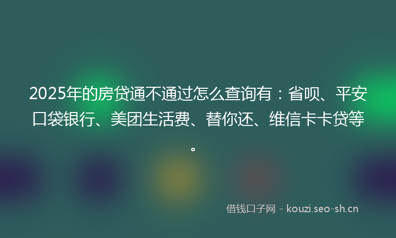 2025年的房贷通不通过怎么查询有：省呗、平安口袋银行、美团生活费、替你还、维信卡卡贷等。