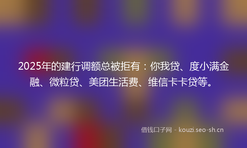 2025年的建行调额总被拒有：你我贷、度小满金融、微粒贷、美团生活费、维信卡卡贷等。