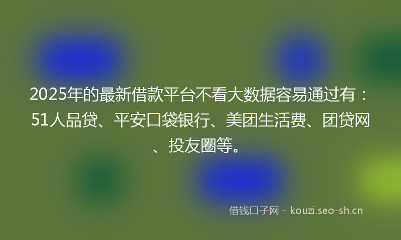 2025年的最新借款平台不看大数据容易通过有：51人品贷、平安口袋银行、美团生活费、团贷网、投友圈等。