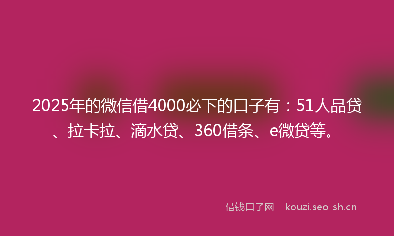 2025年的微信借4000必下的口子有：51人品贷、拉卡拉、滴水贷、360借条、e微贷等。