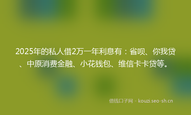 2025年的私人借2万一年利息有：省呗、你我贷、中原消费金融、小花钱包、维信卡卡贷等。