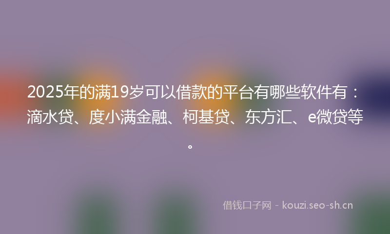 2025年的满19岁可以借款的平台有哪些软件有：滴水贷、度小满金融、柯基贷、东方汇、e微贷等。