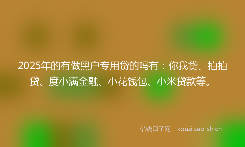 2025年的有做黑户专用贷的吗有：你我贷、拍拍贷、度小满金融、小花钱包、小米贷款等。