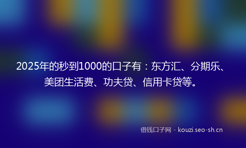 2025年的秒到1000的口子有：东方汇、分期乐、美团生活费、功夫贷、信用卡贷等。