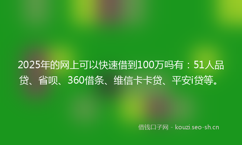 2025年的网上可以快速借到100万吗有：51人品贷、省呗、360借条、维信卡卡贷、平安i贷等。