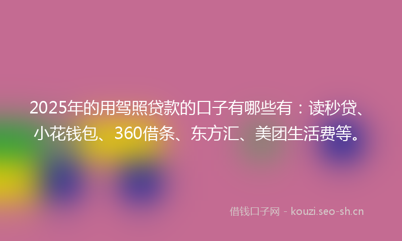 2025年的用驾照贷款的口子有哪些有：读秒贷、小花钱包、360借条、东方汇、美团生活费等。
