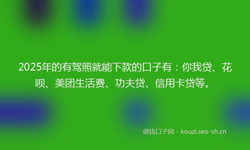 2025年的有驾照就能下款的口子有：你我贷、花呗、美团生活费、功夫贷、信用卡贷等。
