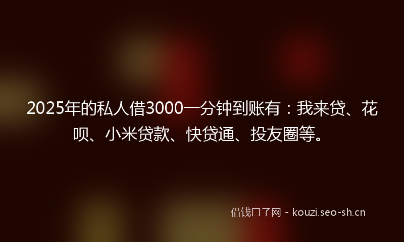 2025年的私人借3000一分钟到账有：我来贷、花呗、小米贷款、快贷通、投友圈等。