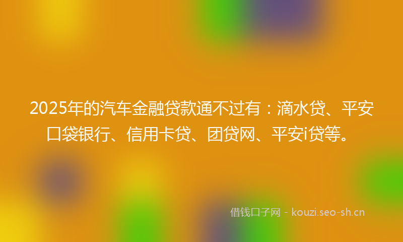 2025年的汽车金融贷款通不过有：滴水贷、平安口袋银行、信用卡贷、团贷网、平安i贷等。