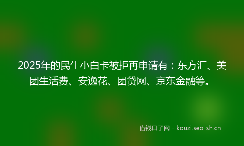2025年的民生小白卡被拒再申请有：东方汇、美团生活费、安逸花、团贷网、京东金融等。