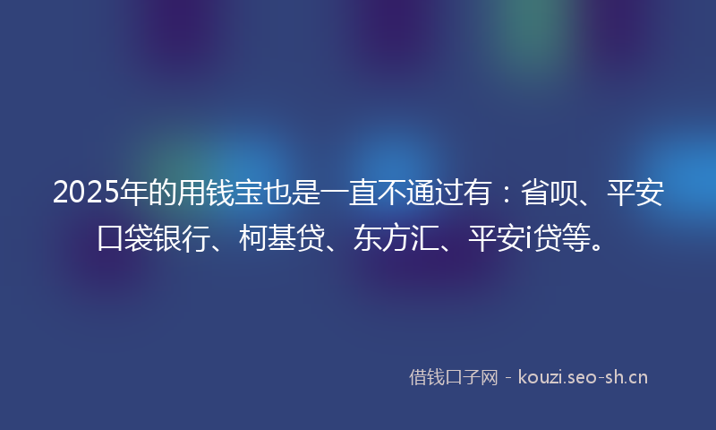 2025年的用钱宝也是一直不通过有：省呗、平安口袋银行、柯基贷、东方汇、平安i贷等。