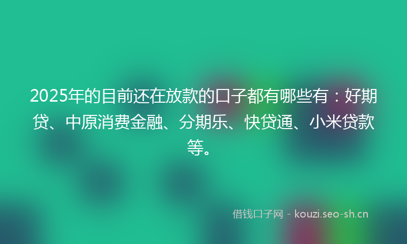 2025年的目前还在放款的口子都有哪些有：好期贷、中原消费金融、分期乐、快贷通、小米贷款等。