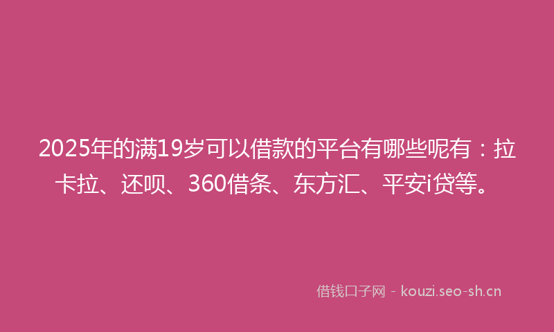 2025年的满19岁可以借款的平台有哪些呢有：拉卡拉、还呗、360借条、东方汇、平安i贷等。