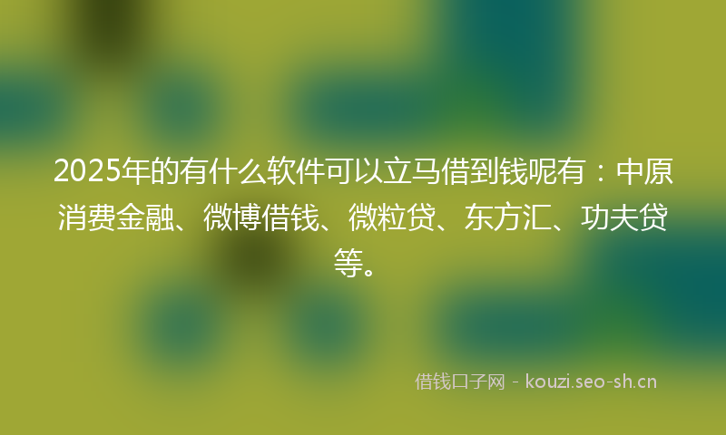 2025年的有什么软件可以立马借到钱呢有:中原消费金融、微博借钱、微粒贷、东方汇、功夫贷等。