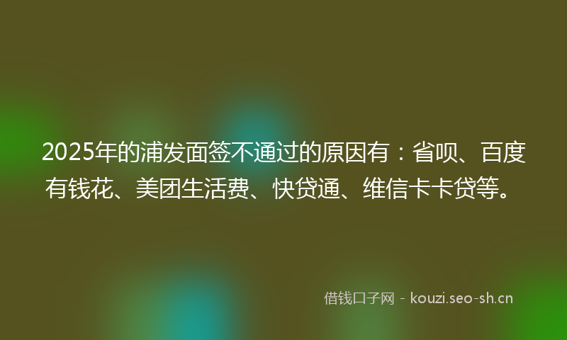 2025年的浦发面签不通过的原因有：省呗、百度有钱花、美团生活费、快贷通、维信卡卡贷等。