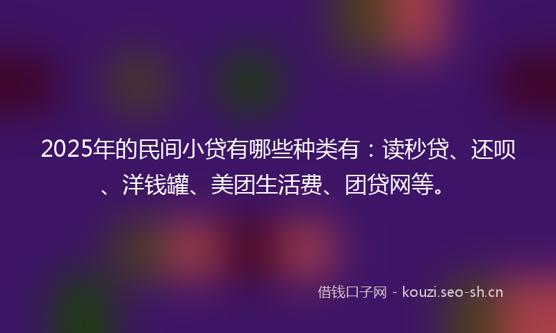 2025年的民间小贷有哪些种类有：读秒贷、还呗、洋钱罐、美团生活费、团贷网等。