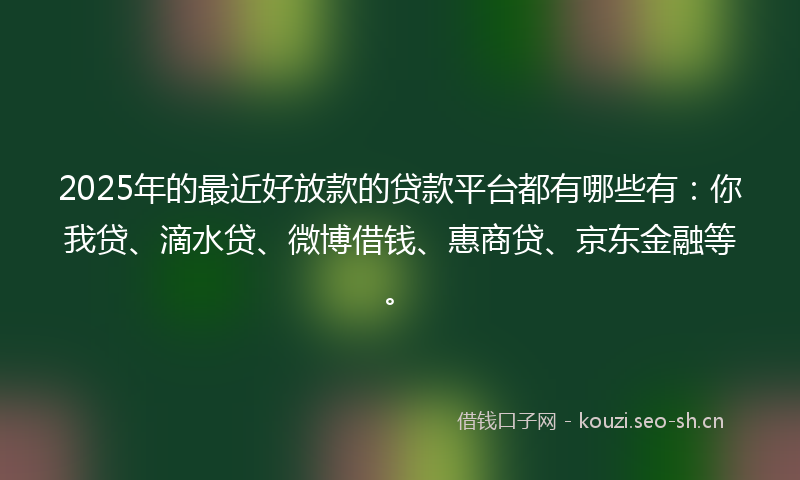 2025年的最近好放款的贷款平台都有哪些有：你我贷、滴水贷、微博借钱、惠商贷、京东金融等。