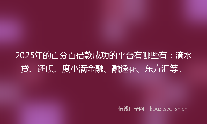 2025年的百分百借款成功的平台有哪些有：滴水贷、还呗、度小满金融、融逸花、东方汇等。