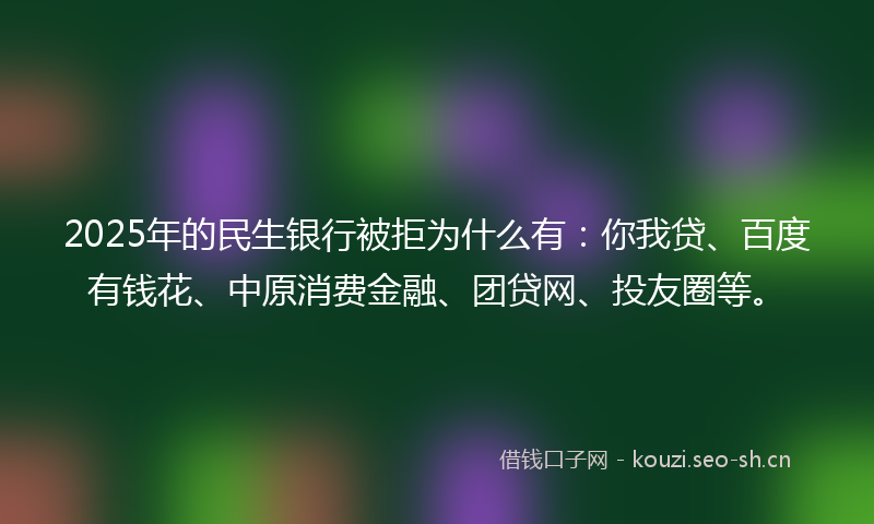 2025年的民生银行被拒为什么有：你我贷、百度有钱花、中原消费金融、团贷网、投友圈等。