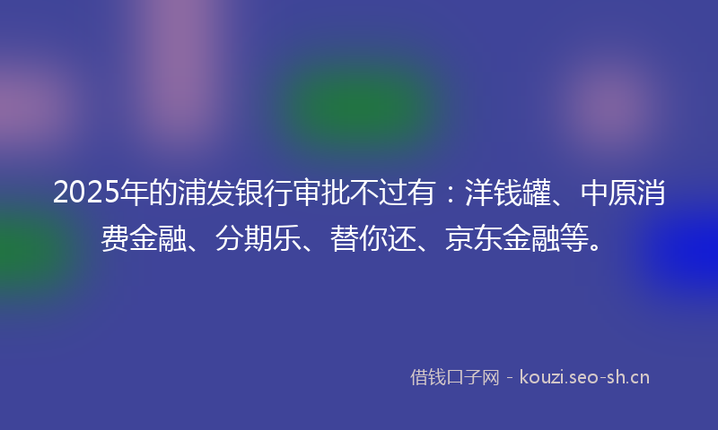 2025年的浦发银行审批不过有：洋钱罐、中原消费金融、分期乐、替你还、京东金融等。