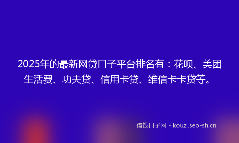 2025年的最新网贷口子平台排名有：花呗、美团生活费、功夫贷、信用卡贷、维信卡卡贷等。