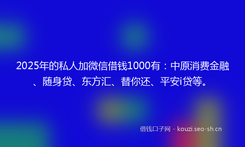 2025年的私人加微信借钱1000有：中原消费金融、随身贷、东方汇、替你还、平安i贷等。