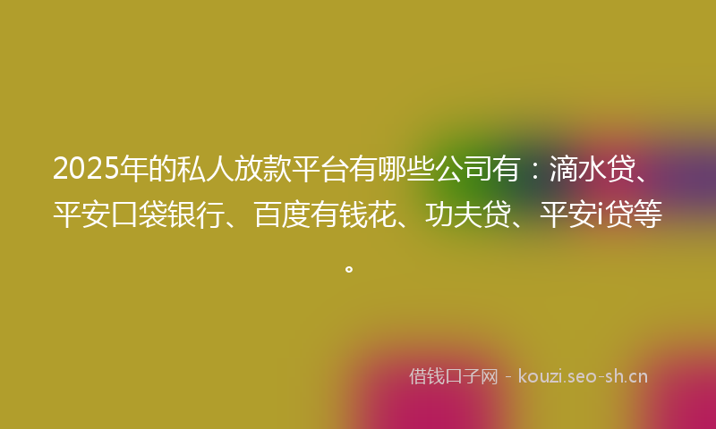 2025年的私人放款平台有哪些公司有：滴水贷、平安口袋银行、百度有钱花、功夫贷、平安i贷等。